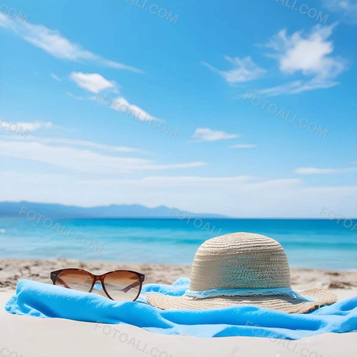 Straw Hat And Sunglasses On A Blue Towel In A White Sand Beach With A Blue Sky And The Ocean In The Background 21 A058