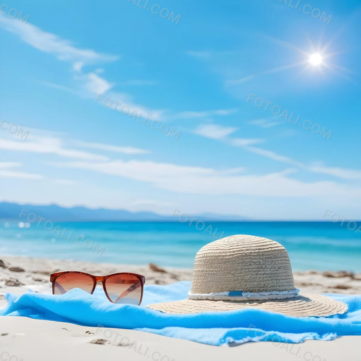 Straw Hat And Sunglasses On A Blue Towel In A White Sand Beach With A Blue Sky And The Ocean In The Background 24 E6fe