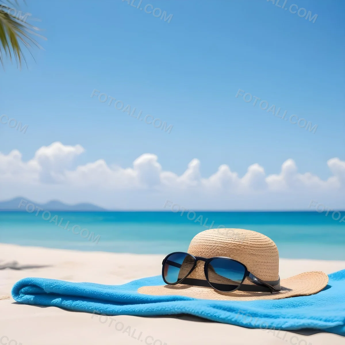 Straw Hat And Sunglasses On A Blue Towel In A White Sand Beach With A Blue Sky And The Ocean In The Background 37 C89c