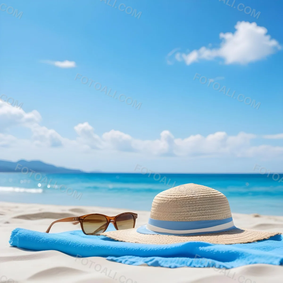 Straw Hat And Sunglasses On A Blue Towel In A White Sand Beach With A Blue Sky And The Ocean In The Background 4 Ed1b
