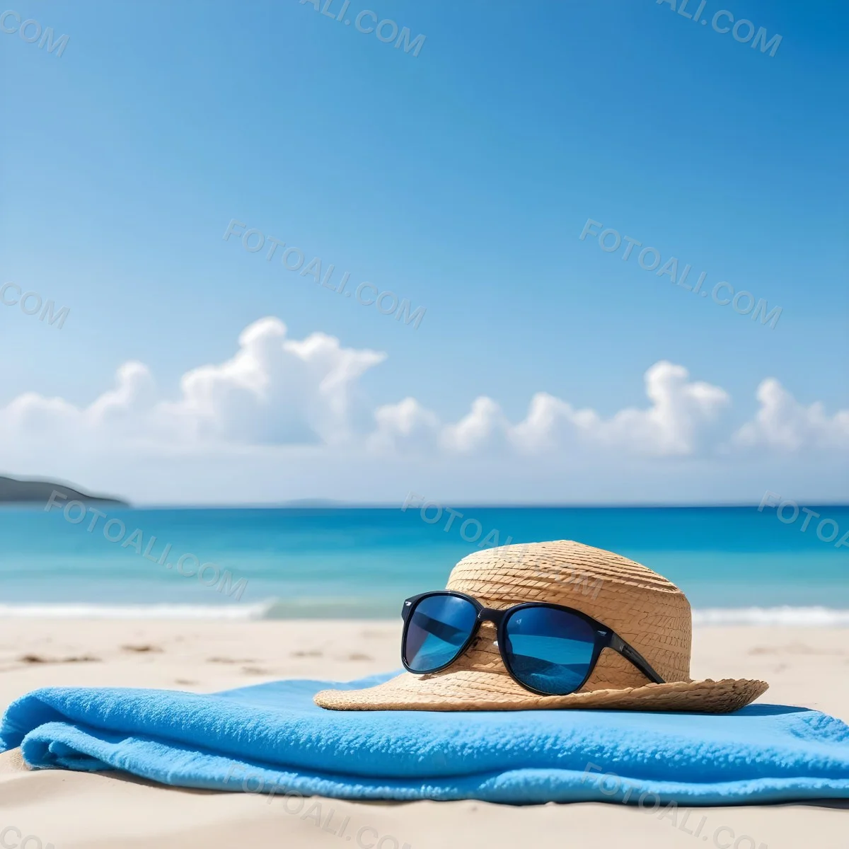 Straw Hat And Sunglasses On A Blue Towel In A White Sand Beach With A Blue Sky And The Ocean In The Background 41 C160