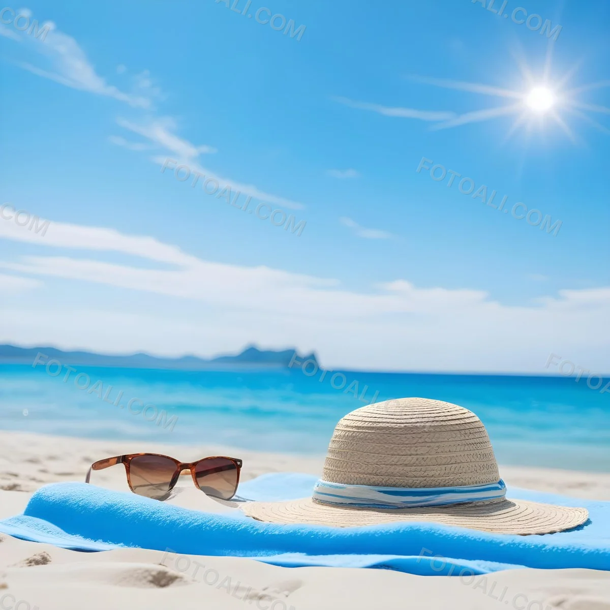 Straw Hat And Sunglasses On A Blue Towel In A White Sand Beach With A Blue Sky And The Ocean In The Background 9 7420