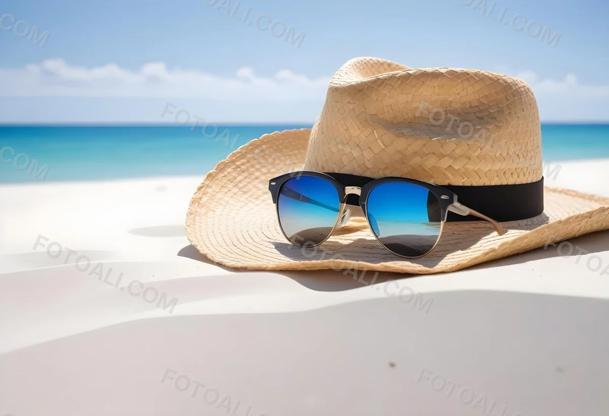 Straw Hat And Sunglasses On A White Sand Beach With A Clear Blue Sky And Ocean In The Background 1 4354