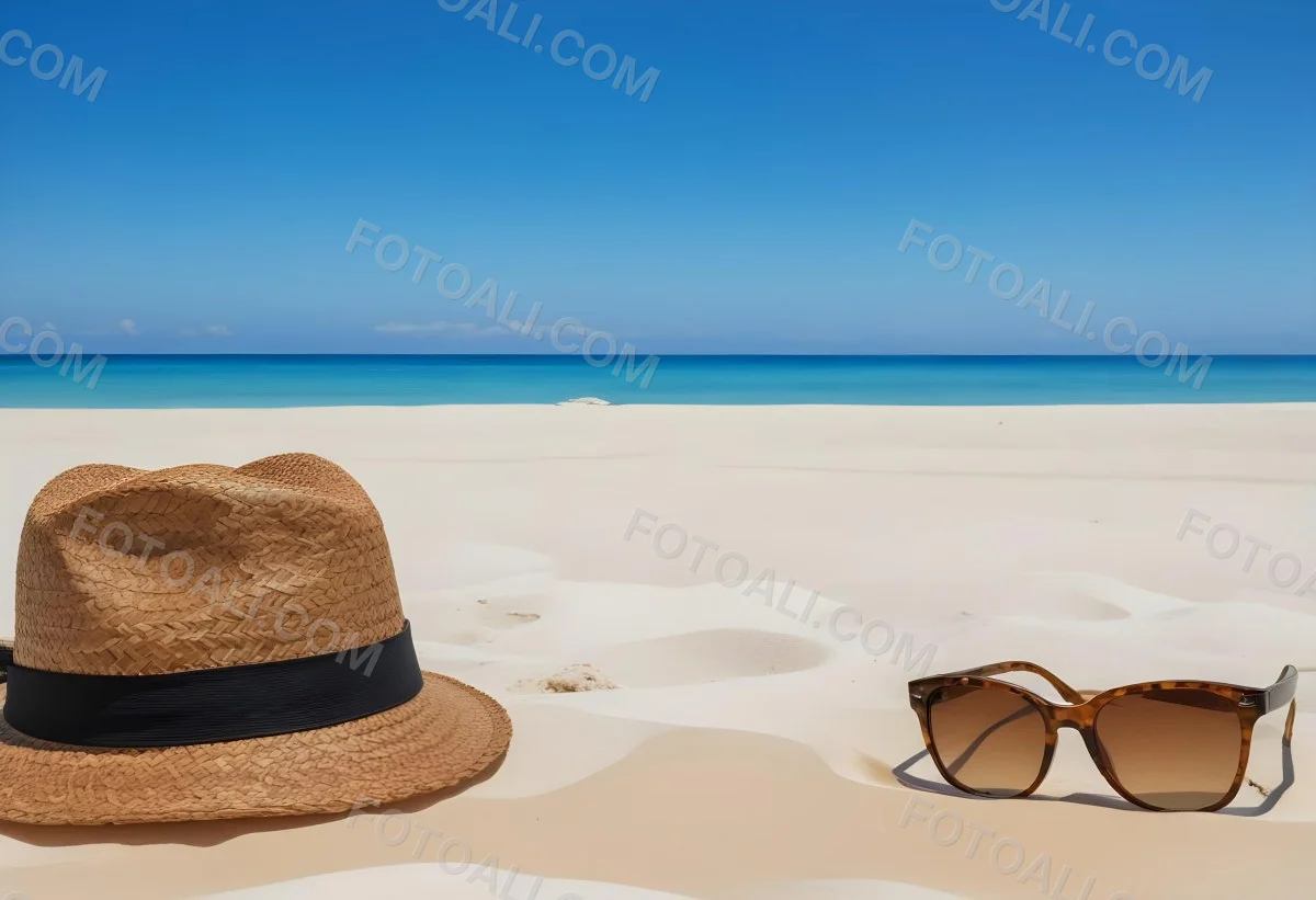 Straw Hat And Sunglasses On A White Sand Beach With A Clear Blue Sky And Ocean In The Background 12 D753