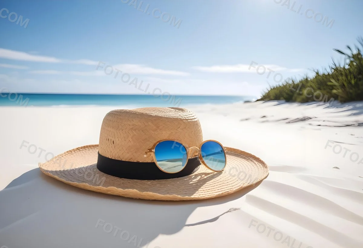 Straw Hat And Sunglasses On A White Sand Beach With A Clear Blue Sky And Ocean In The Background 18 Cdb9