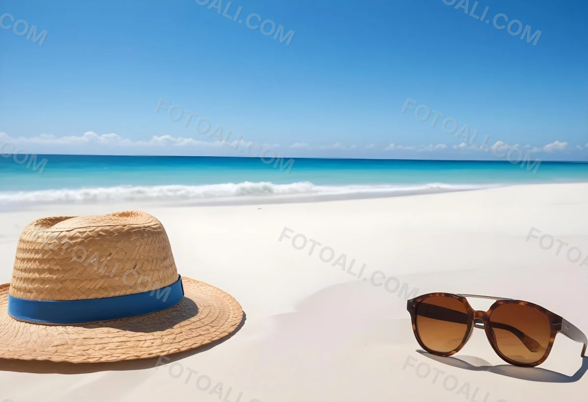 Straw Hat And Sunglasses On A White Sand Beach With A Clear Blue Sky And Ocean In The Background 22 Fd63