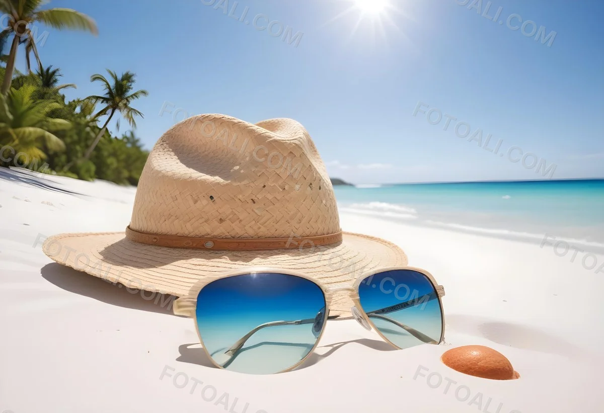 Straw Hat And Sunglasses On A White Sand Beach With A Clear Blue Sky And Ocean In The Background 25 A361