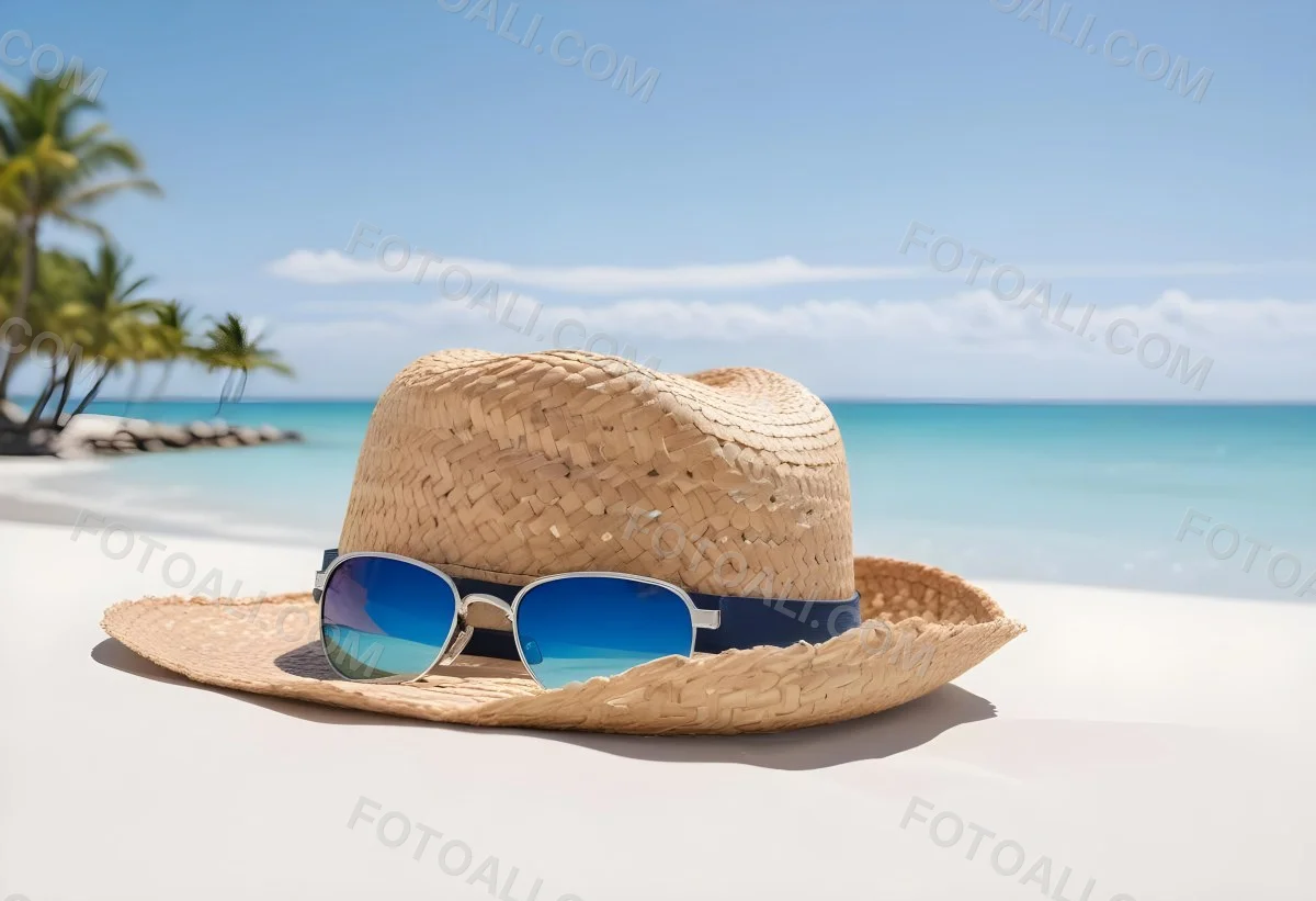 Straw Hat And Sunglasses On A White Sand Beach With A Clear Blue Sky And Ocean In The Background 31 A185