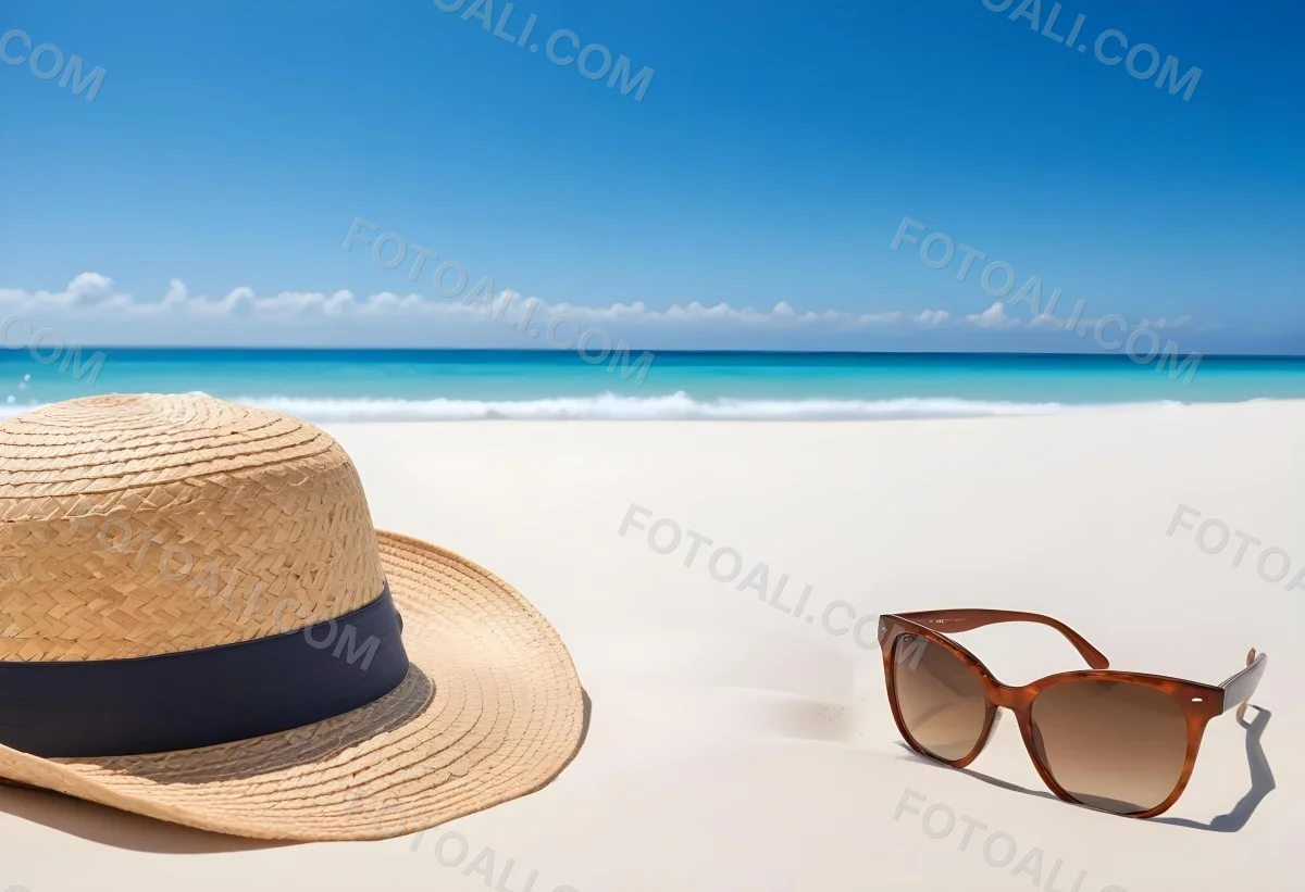 Straw Hat And Sunglasses On A White Sand Beach With A Clear Blue Sky And Ocean In The Background 34 846f