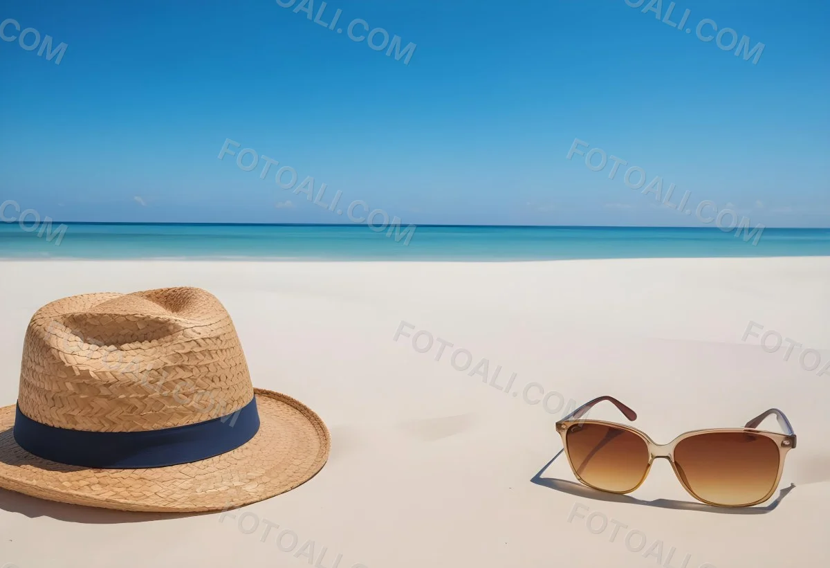 Straw Hat And Sunglasses On A White Sand Beach With A Clear Blue Sky And Ocean In The Background 35 Adaa
