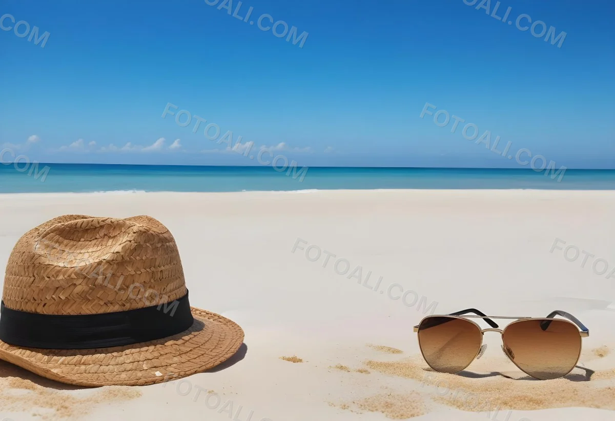 Straw Hat And Sunglasses On A White Sand Beach With A Clear Blue Sky And Ocean In The Background 7 D589