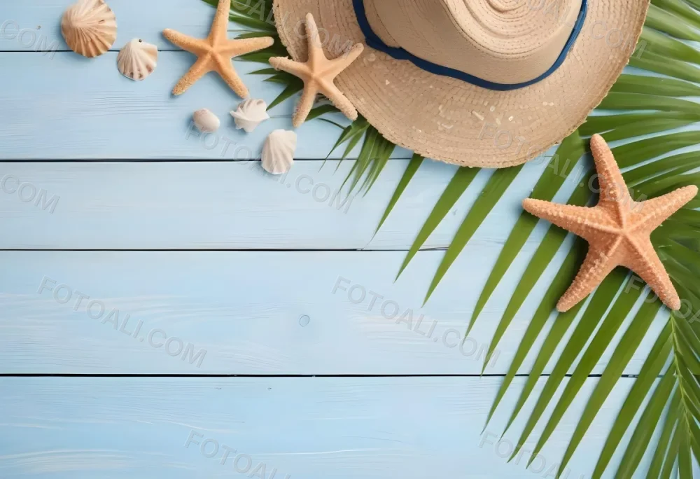 Straw Hat Seashells Starfish And Palm Leaves On A Blue Wooden Table Summer Vacation Concept Beach Background 23 57be