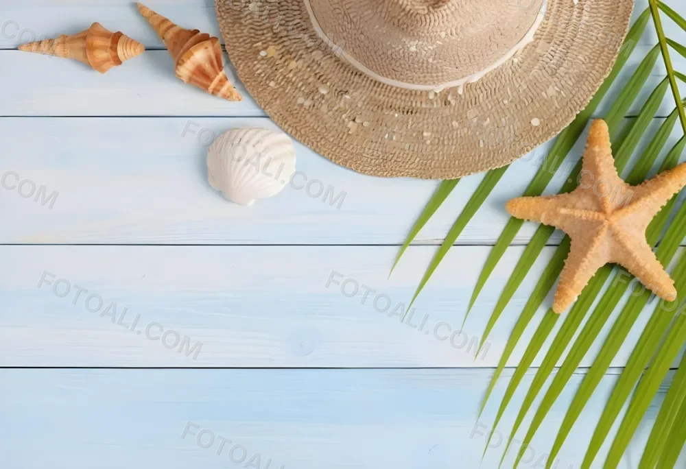 Straw Hat Seashells Starfish And Palm Leaves On A Blue Wooden Table Summer Vacation Concept Beach Background 27 D950