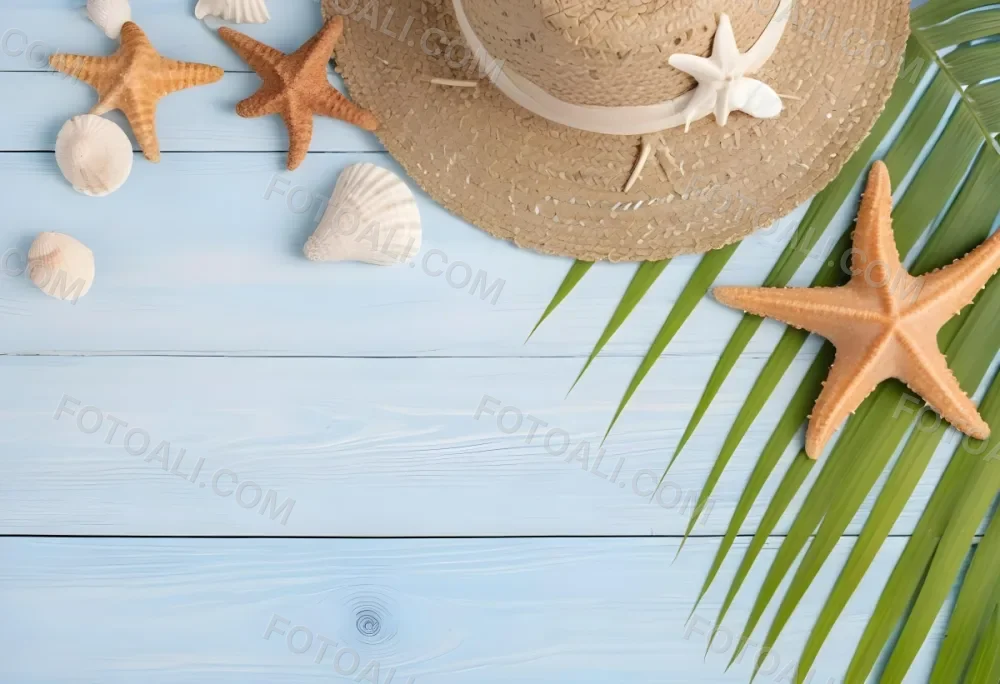 Straw Hat Seashells Starfish And Palm Leaves On A Blue Wooden Table Summer Vacation Concept Beach Background 32 9105