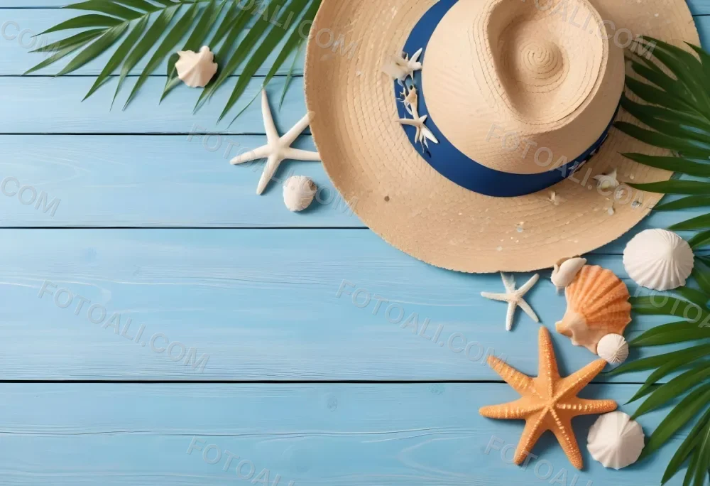 Straw Hat Seashells Starfish And Palm Leaves On A Blue Wooden Table Summer Vacation Concept Beach Background 4 Ba79