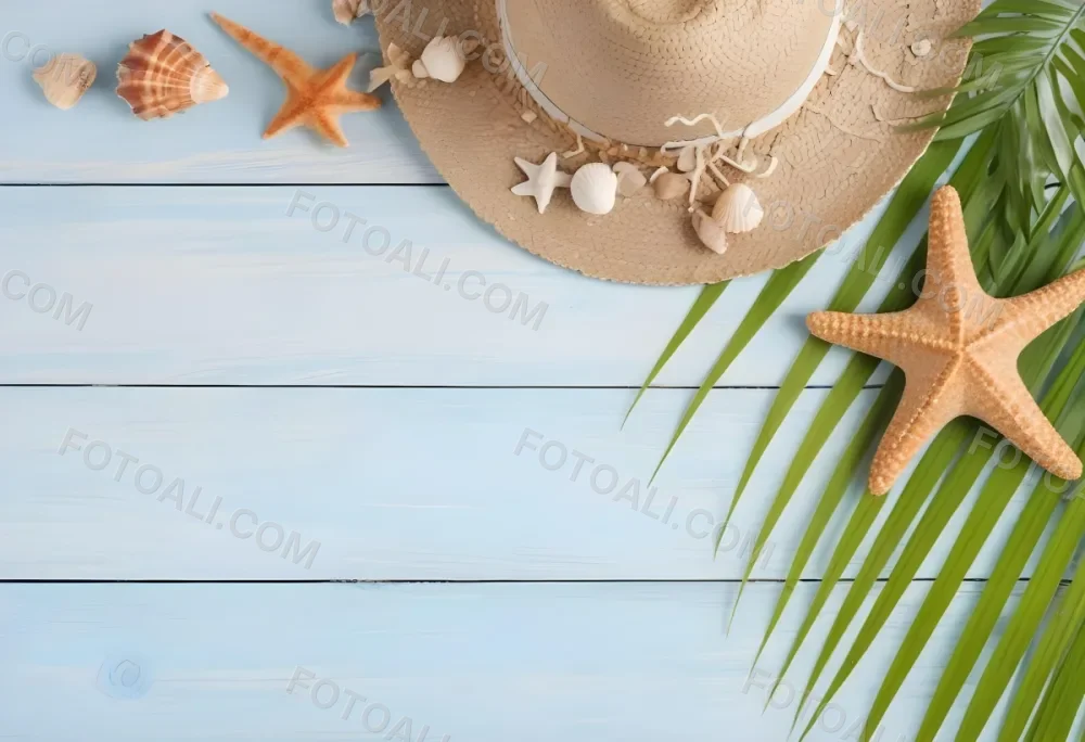 Straw Hat Seashells Starfish And Palm Leaves On A Blue Wooden Table Summer Vacation Concept Beach Background 42 3fbe