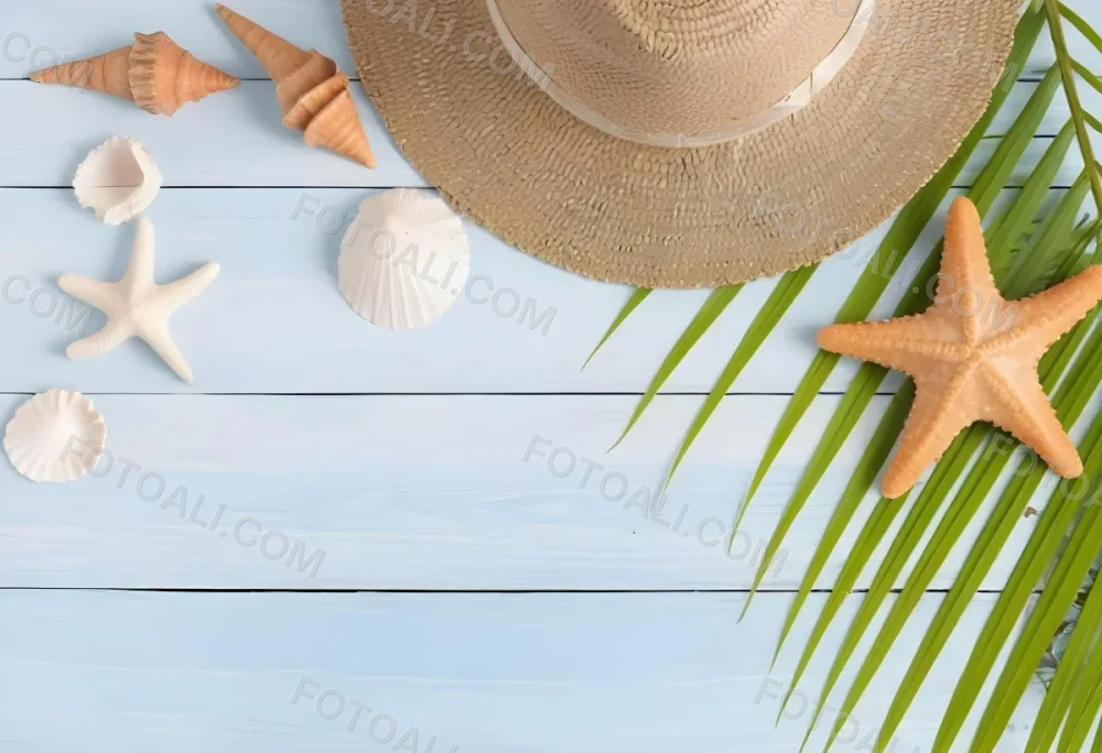 Straw Hat Seashells Starfish And Palm Leaves On A Blue Wooden Table Summer Vacation Concept Beach Background 43 3ca7