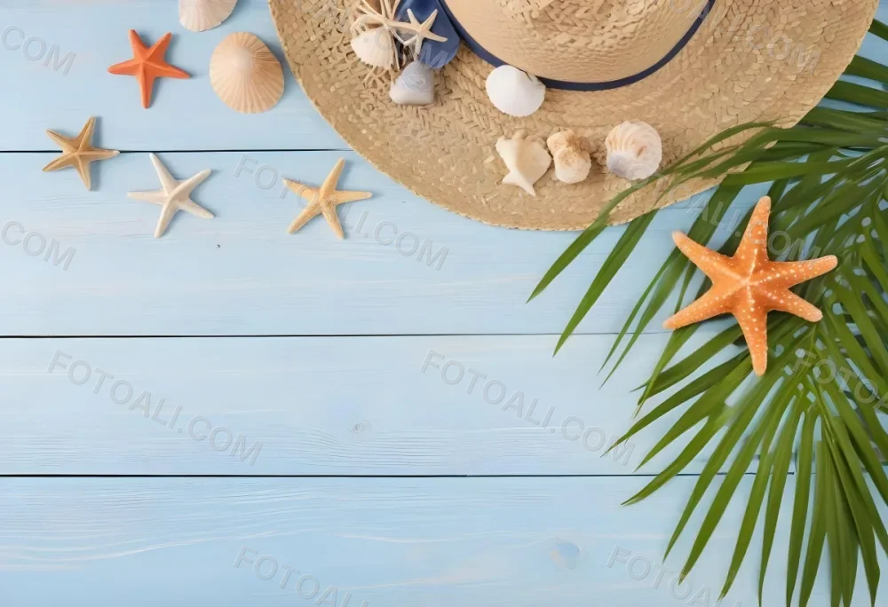 Straw Hat Seashells Starfish And Palm Leaves On A Blue Wooden Table Summer Vacation Concept Beach Background 47 72f0
