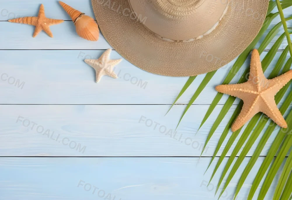 Straw Hat Seashells Starfish And Palm Leaves On A Blue Wooden Table Summer Vacation Concept Beach Background 48 271a