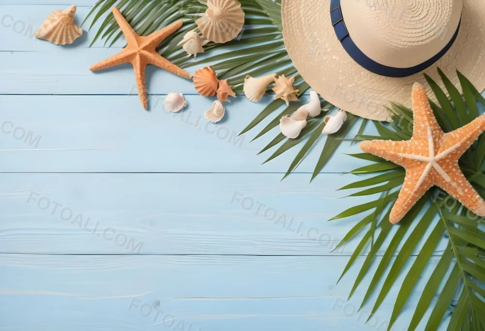 Straw Hat Seashells Starfish And Palm Leaves On A Blue Wooden Table Summer Vacation Concept Beach Background 6 53ff