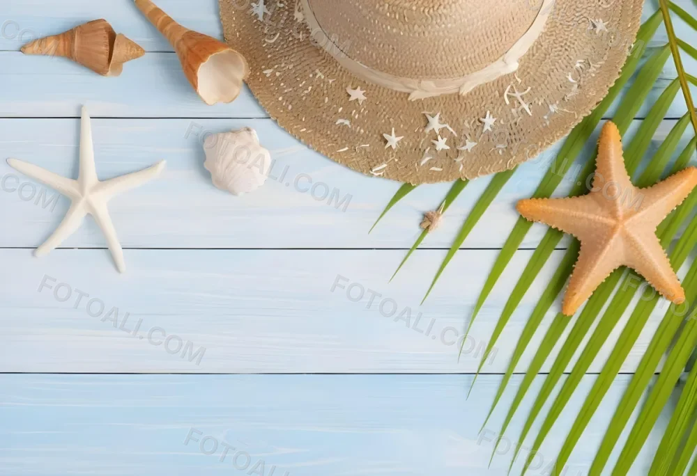 Straw Hat Seashells Starfish And Palm Leaves On A Blue Wooden Table Summer Vacation Concept Beach Background 7 840d