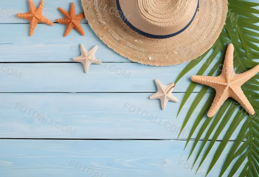 Straw Hat Seashells Starfish And Palm Leaves On A Blue Wooden Table Summer Vacation Concept Beach Background 8 A14b
