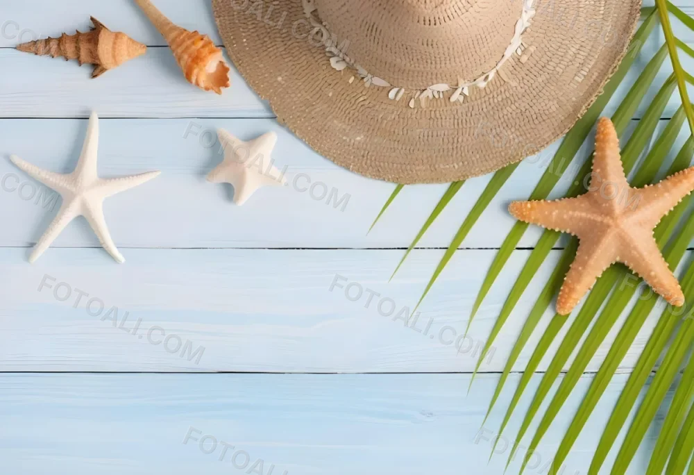 Straw Hat Seashells Starfish And Palm Leaves On A Blue Wooden Table Summer Vacation Concept Beach Background 9 C012