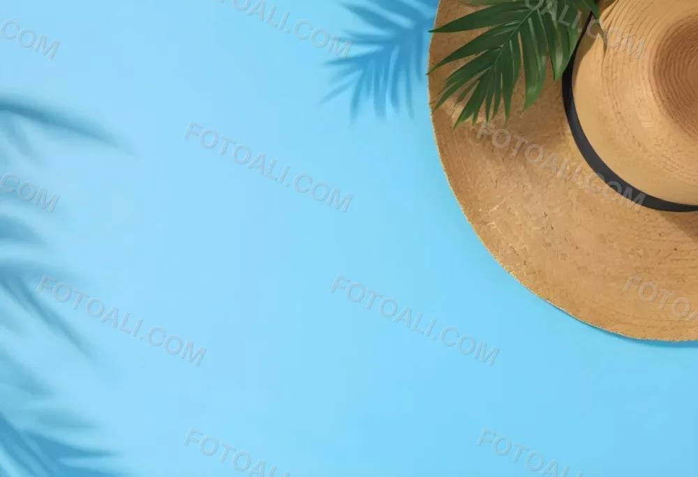 Straw Hat With A Green Palm Leaf On A Blue Wooden Table Summer Vacation Concept Tropical Vibes Vibrant Colors Top Down Perspective Bright Sunlight 28 16df
