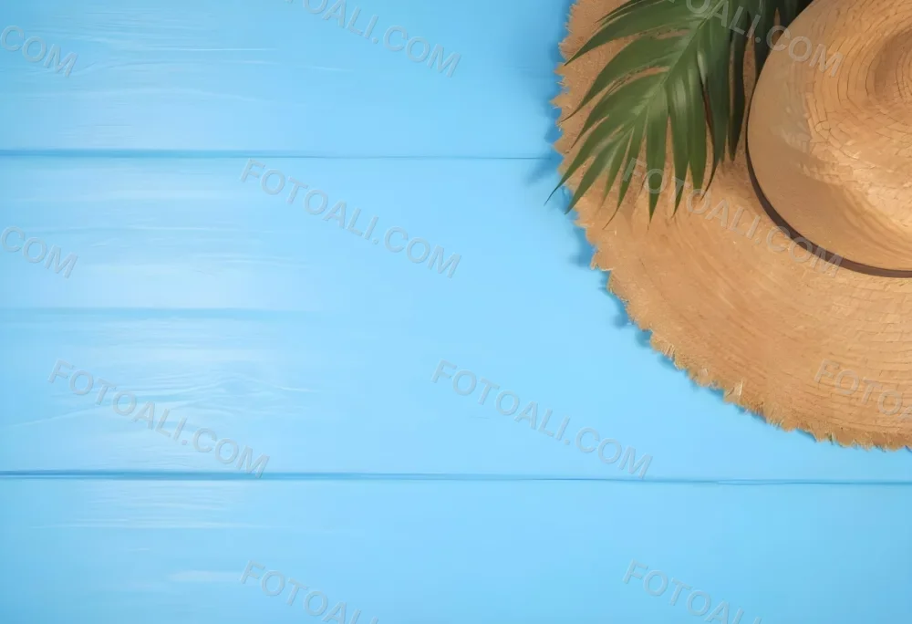 Straw Hat With A Green Palm Leaf On A Blue Wooden Table Summer Vacation Concept Tropical Vibes Vibrant Colors Top Down Perspective Bright Sunlight 6 4df6