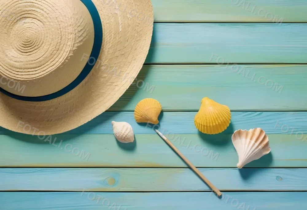 Straw Hat With Sunglasses A Monstera Leaf And A Starfish On A Light Blue Wooden Table Summer Vacation Concept Flat Lay 1 Be33