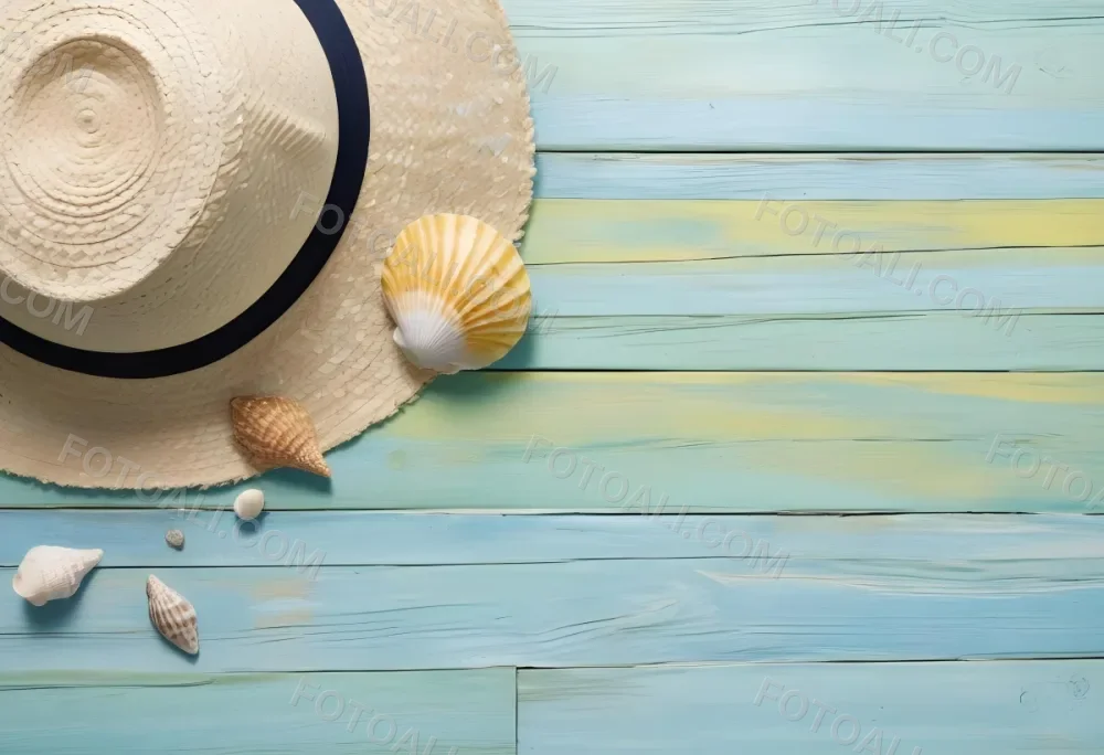 Straw Hat With Sunglasses A Monstera Leaf And A Starfish On A Light Blue Wooden Table Summer Vacation Concept Flat Lay 11 7a48
