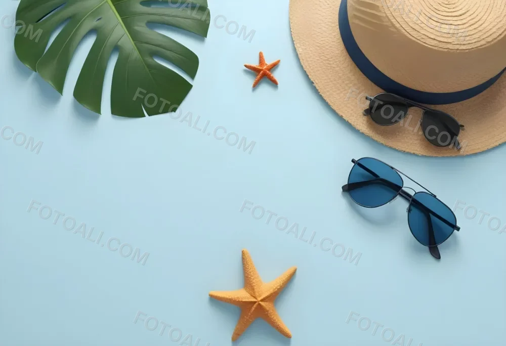 Straw Hat With Sunglasses A Monstera Leaf And A Starfish On A Light Blue Wooden Table Summer Vacation Concept Flat Lay 15 07e7