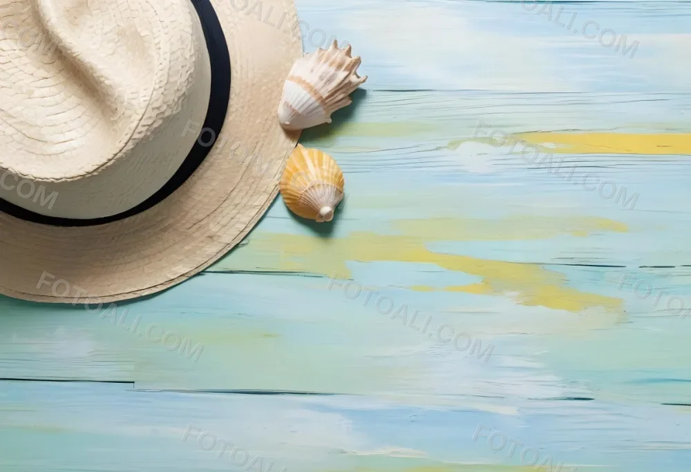 Straw Hat With Sunglasses A Monstera Leaf And A Starfish On A Light Blue Wooden Table Summer Vacation Concept Flat Lay 18 2945