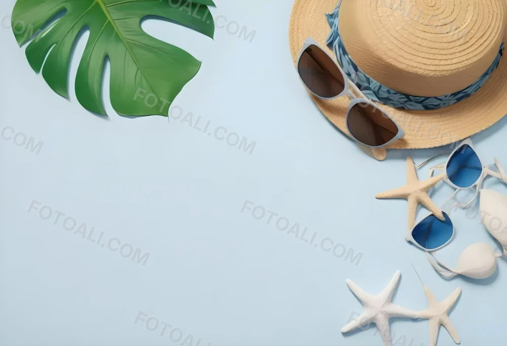 Straw Hat With Sunglasses A Monstera Leaf And A Starfish On A Light Blue Wooden Table Summer Vacation Concept Flat Lay 22 D005