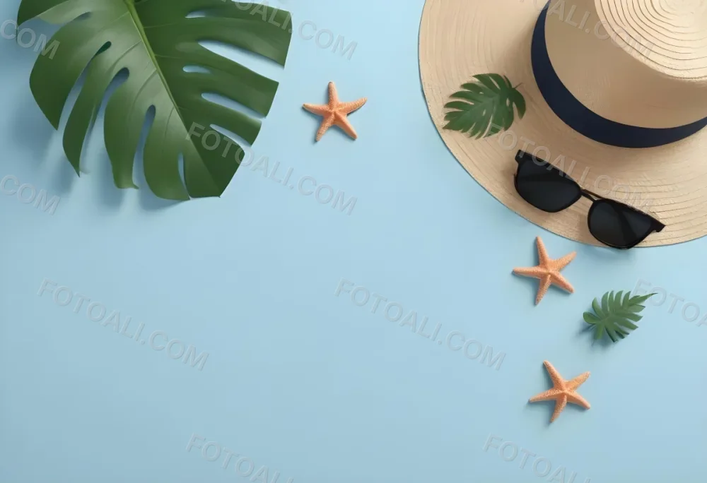 Straw Hat With Sunglasses A Monstera Leaf And A Starfish On A Light Blue Wooden Table Summer Vacation Concept Flat Lay 24 53f2