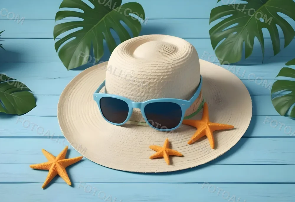 Straw Hat With Sunglasses A Monstera Leaf And A Starfish On A Light Blue Wooden Table Summer Vacation Concept Flat Lay 29 C6ae
