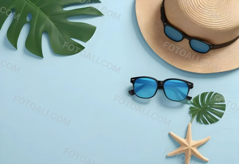 Straw Hat With Sunglasses A Monstera Leaf And A Starfish On A Light Blue Wooden Table Summer Vacation Concept Flat Lay 31 097d