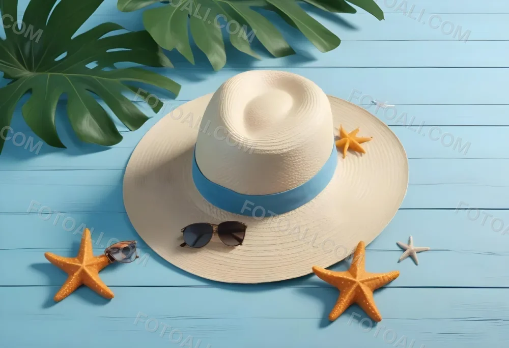 Straw Hat With Sunglasses A Monstera Leaf And A Starfish On A Light Blue Wooden Table Summer Vacation Concept Flat Lay 33 240a
