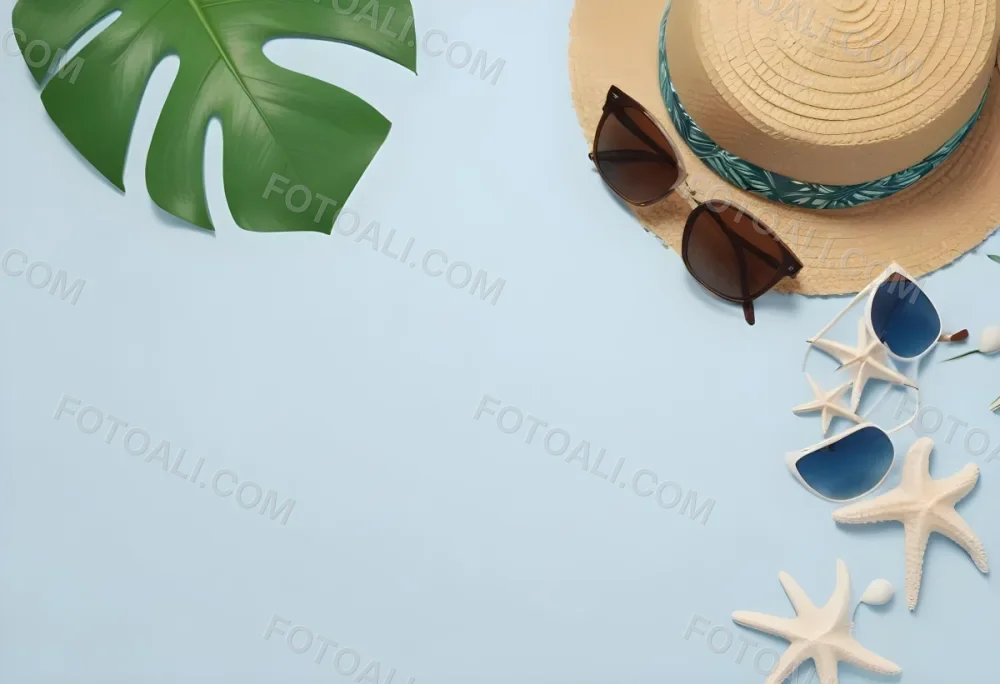 Straw Hat With Sunglasses A Monstera Leaf And A Starfish On A Light Blue Wooden Table Summer Vacation Concept Flat Lay 36 472b