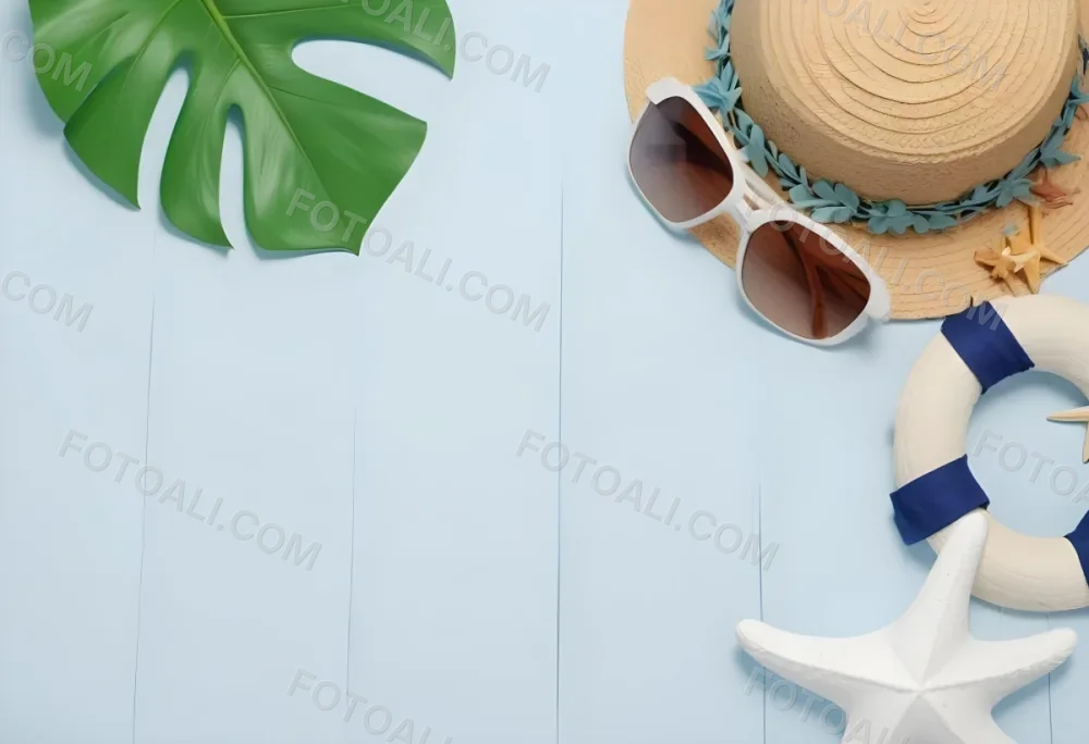 Straw Hat With Sunglasses A Monstera Leaf And A Starfish On A Light Blue Wooden Table Summer Vacation Concept Flat Lay 37 489d