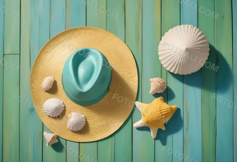 Straw Hat With Sunglasses A Monstera Leaf And A Starfish On A Light Blue Wooden Table Summer Vacation Concept Flat Lay 4 463c
