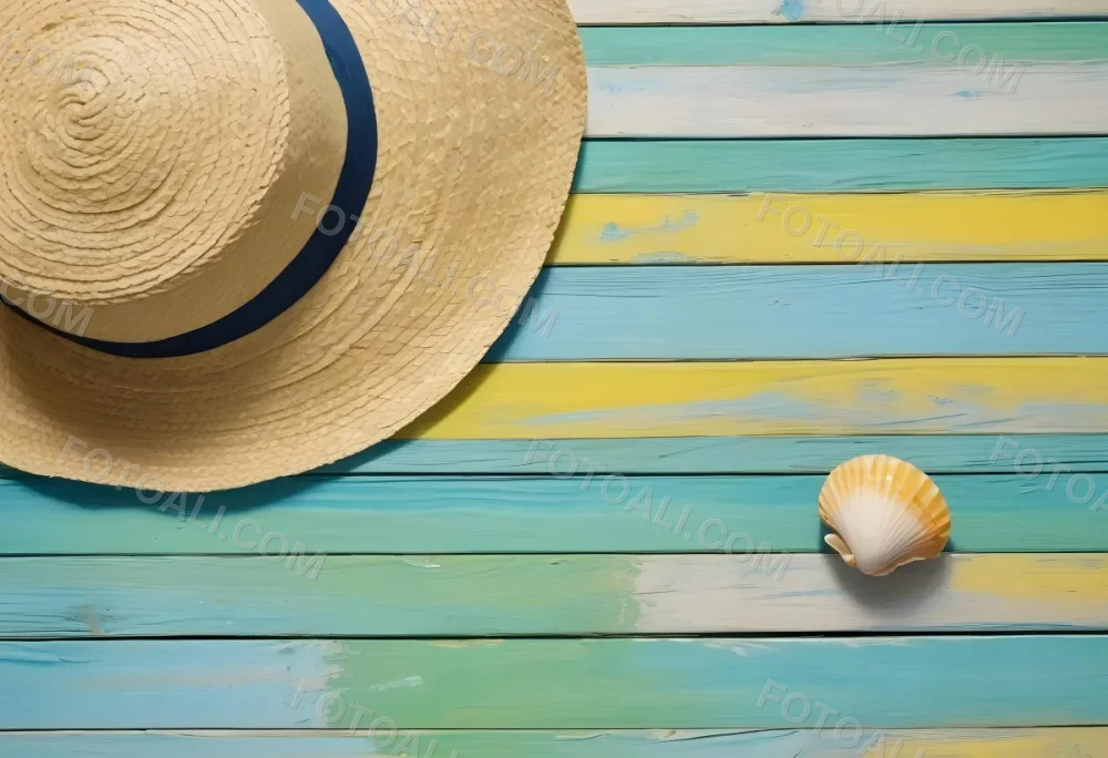 Straw Hat With Sunglasses A Monstera Leaf And A Starfish On A Light Blue Wooden Table Summer Vacation Concept Flat Lay 5 95ab