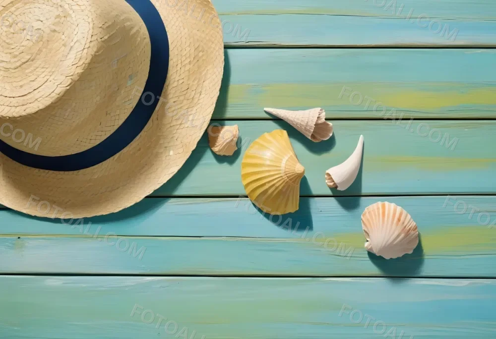 Straw Hat With Sunglasses A Monstera Leaf And A Starfish On A Light Blue Wooden Table Summer Vacation Concept Flat Lay 6 E4e9
