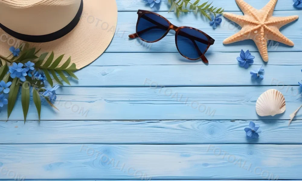 Sunglasses Seashells Starfish Hat And Blue Flowers On A Blue Wooden Table Summer Vacation Concept Tropical Background 12 F211