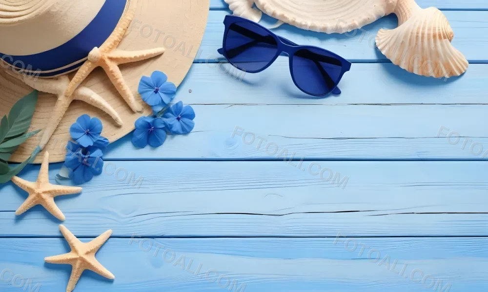 Sunglasses Seashells Starfish Hat And Blue Flowers On A Blue Wooden Table Summer Vacation Concept Tropical Background 13 6fc6