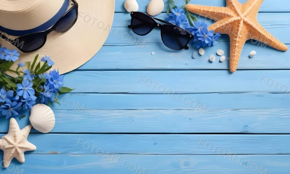 Sunglasses Seashells Starfish Hat And Blue Flowers On A Blue Wooden Table Summer Vacation Concept Tropical Background 14 Ea66