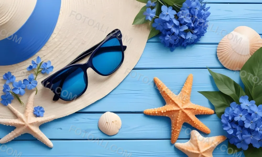 Sunglasses Seashells Starfish Hat And Blue Flowers On A Blue Wooden Table Summer Vacation Concept Tropical Background 19 D155