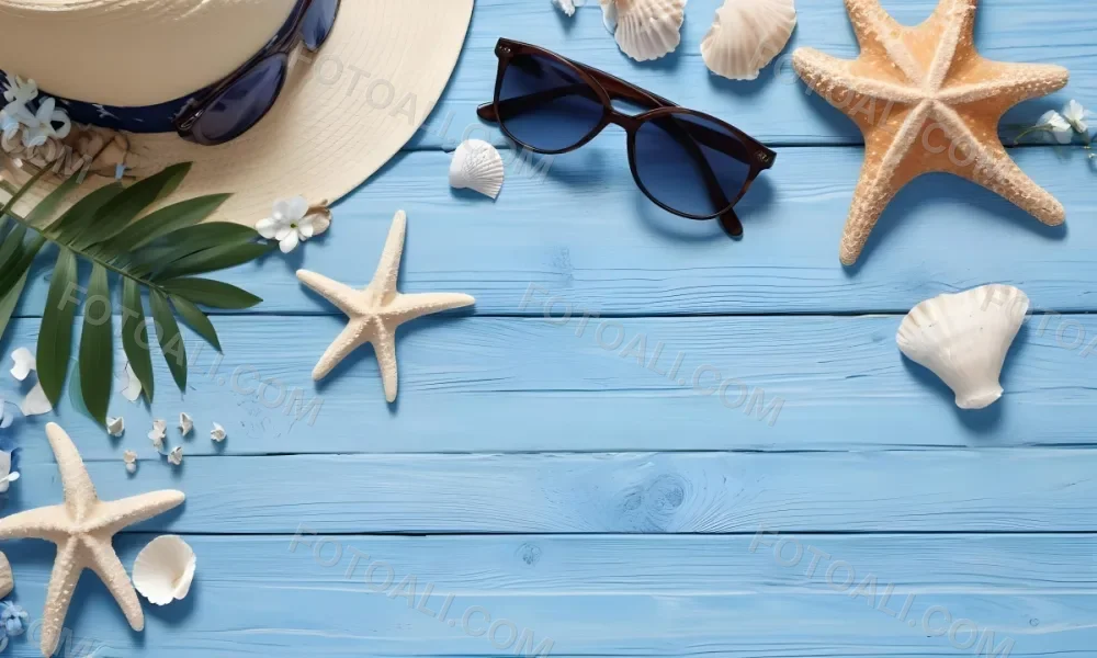 Sunglasses Seashells Starfish Hat And Blue Flowers On A Blue Wooden Table Summer Vacation Concept Tropical Background 20 7d7a
