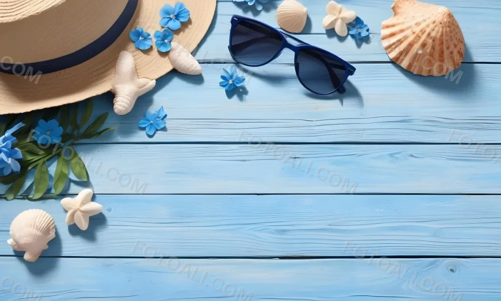 Sunglasses Seashells Starfish Hat And Blue Flowers On A Blue Wooden Table Summer Vacation Concept Tropical Background 22 E716
