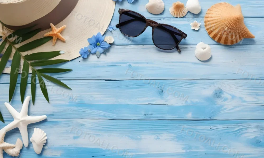 Sunglasses Seashells Starfish Hat And Blue Flowers On A Blue Wooden Table Summer Vacation Concept Tropical Background 4 B65c